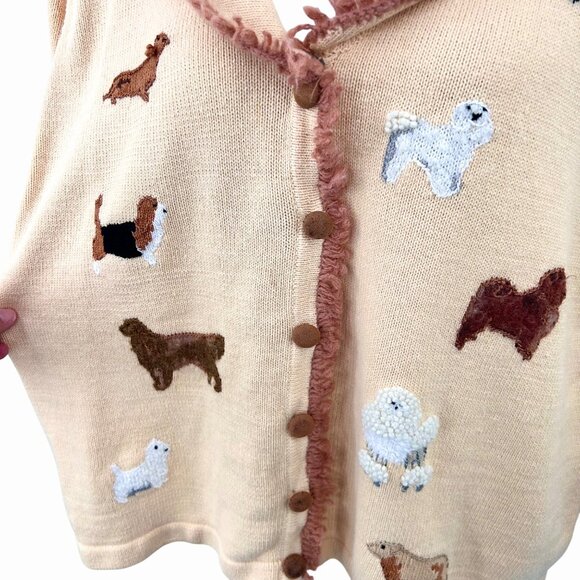 STORYBOOK KNITS HSN EMBROIDERED DOG FRINGED IVORY & BROWN CARDIGAN SWEATER 2X - Picture 2 of 7
